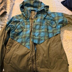 Women’s Size Large Burton jacket.  Gray-ish bottom with blue plaid upper
